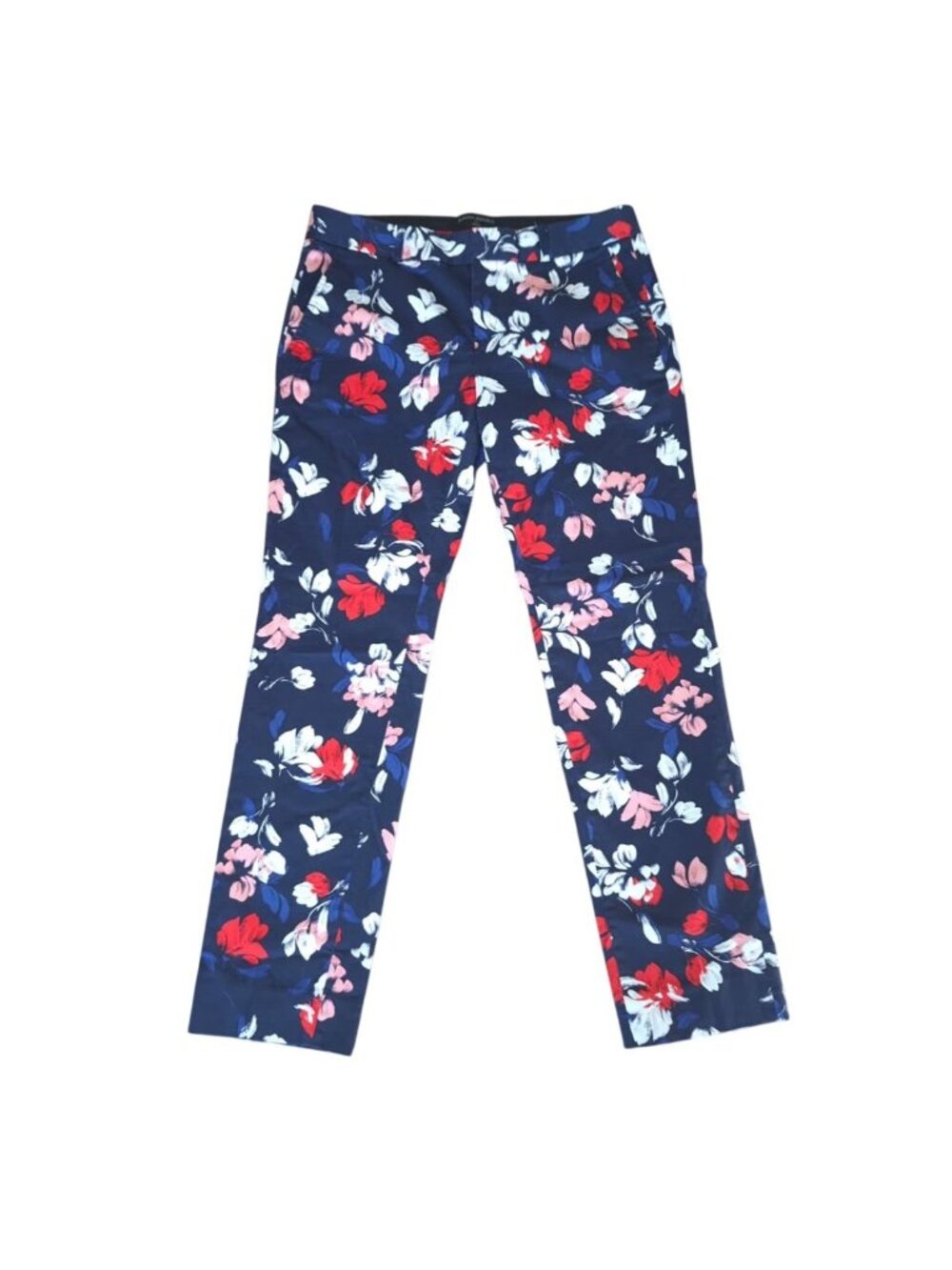Banana Republic Womens Floral Straight Leg Pants Petite 2P Navy Cotton Stretch